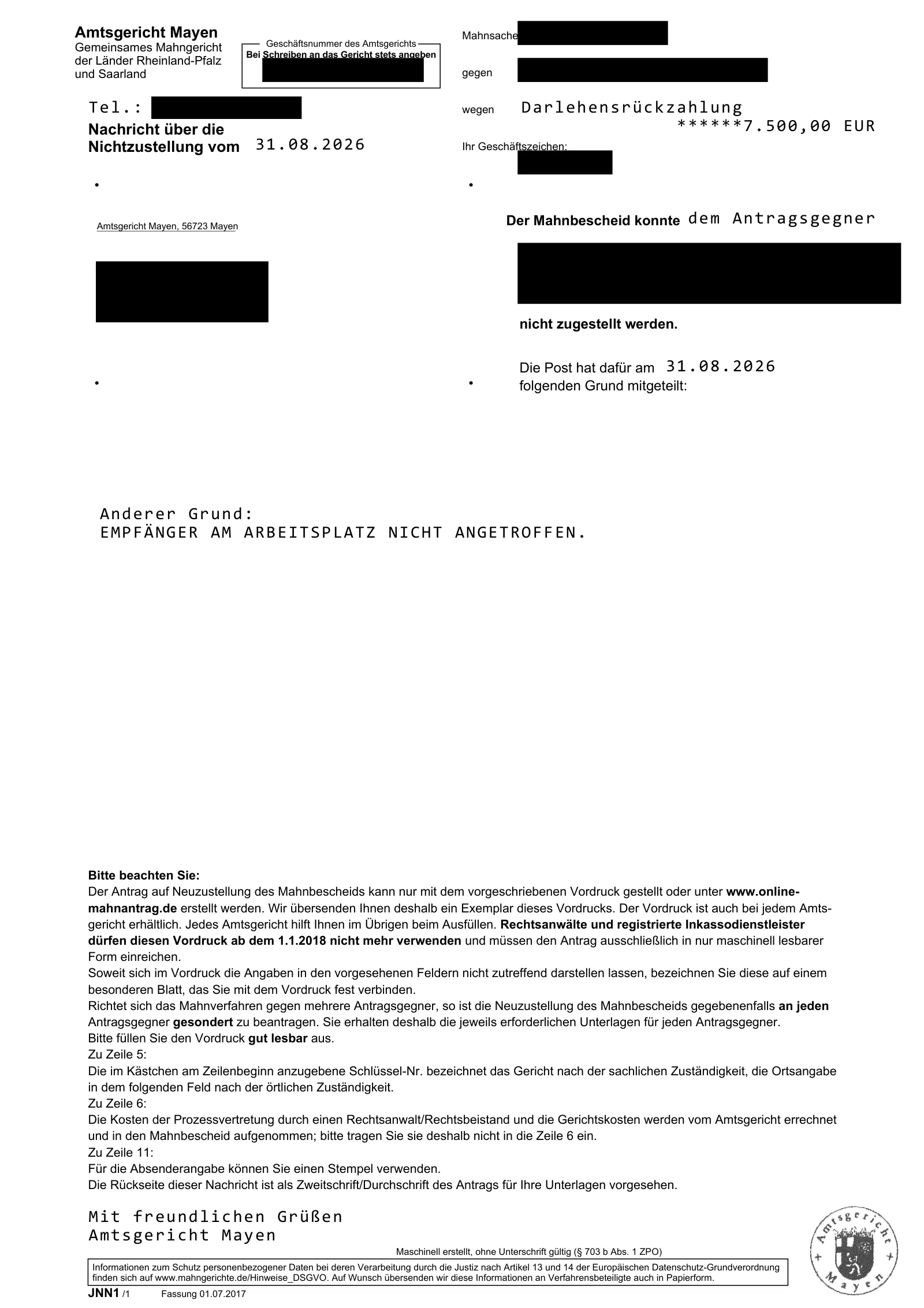 Nachricht des Amtsgerichts Mayen über die Nichtzustellung: Der Mahnbescheid konnte nicht zugestellt werden, die Post nennt als Grund „Empfänger am Arbeitsplatz nicht angetroffen