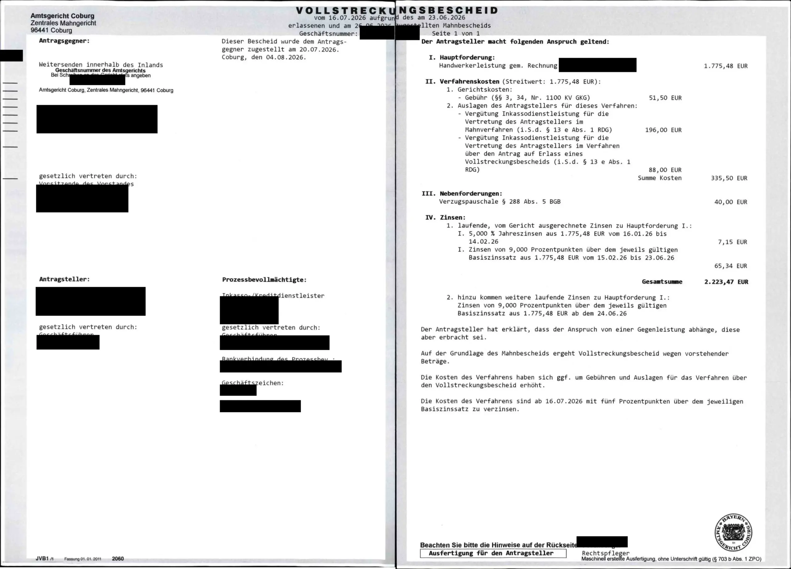 Vollstreckungsbescheid des Amtsgerichts Coburg über 1.775,48 € Handwerkerleistung: Gerichtsgebühr 51,50 €, Inkassovergütung 196,00 € und 88,00 €, Verzugspauschale 40,00 €, Gesamtsumme 2.223,47 €.