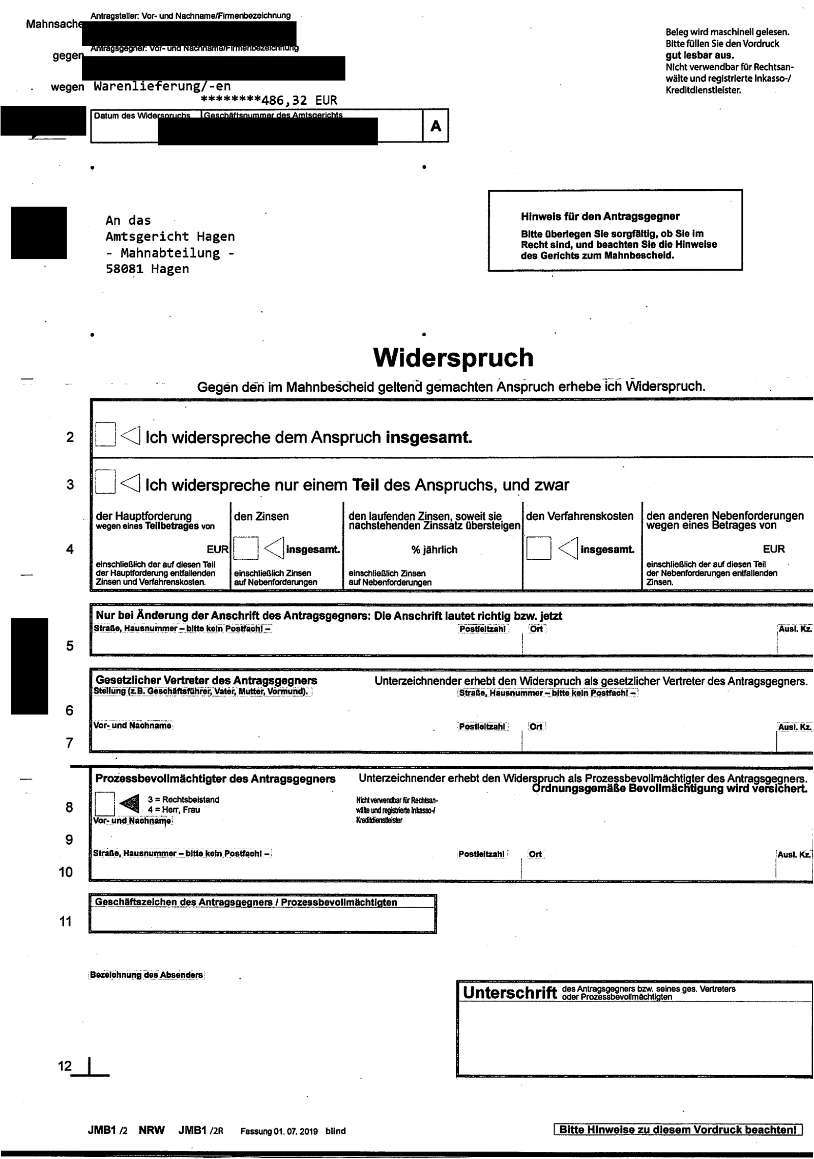 Leerer Widerspruchsvordruck, wie er dem Mahnbescheid des Amtsgerichts Hagen beiliegt, mit vorgedruckter Geschäftsnummer.