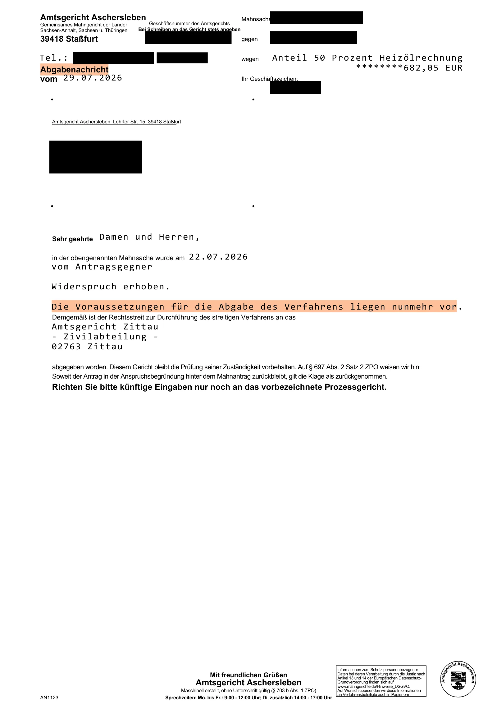 Abgabenachricht des Amtsgerichts Aschersleben: Abgabe an das Amtsgericht Zittau, Eingaben künftig dorthin.