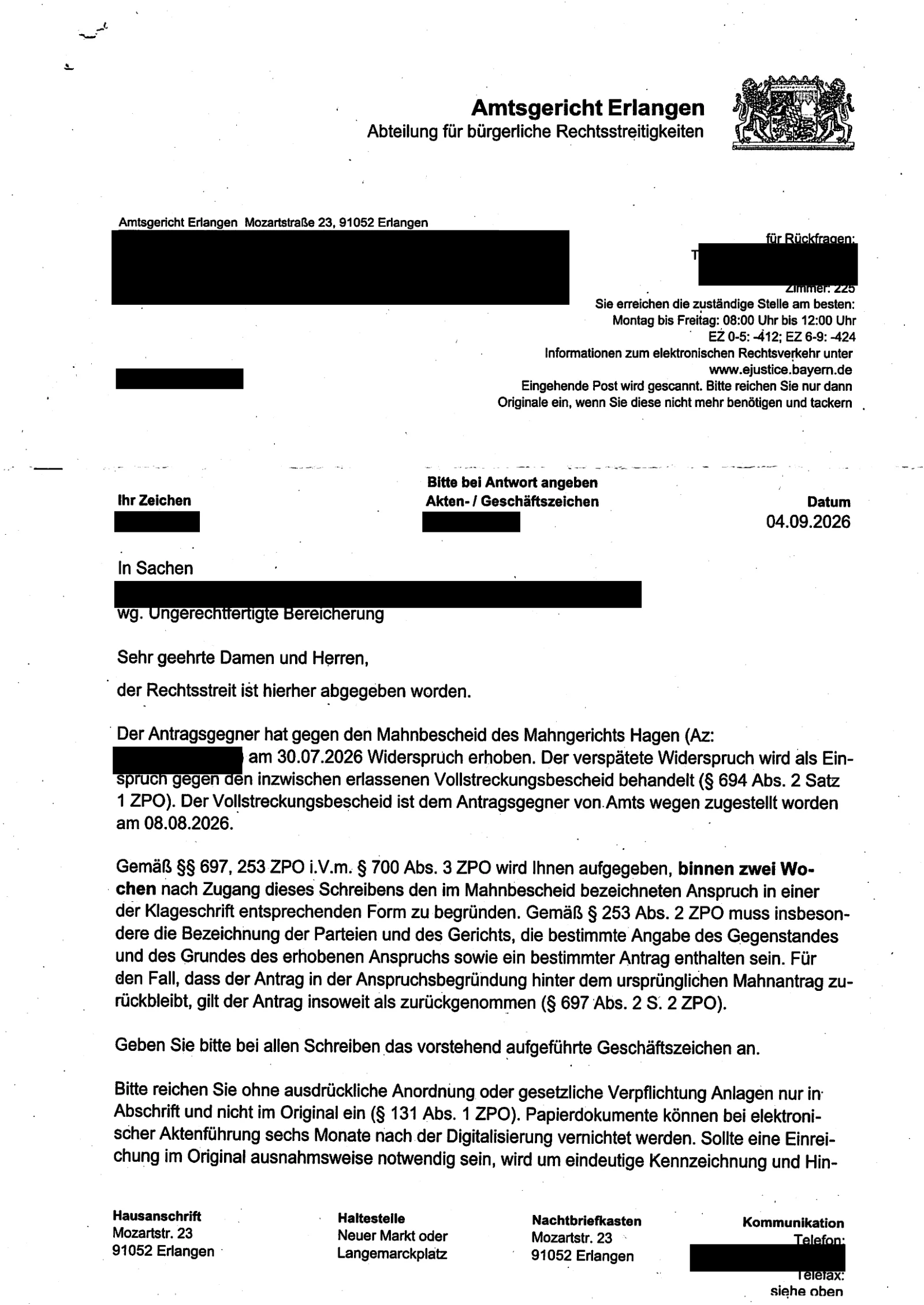 Schreiben des Amtsgerichts Erlangen: Verspäteter Widerspruch gilt als Einspruch, Anspruch binnen zwei Wochen begründen.