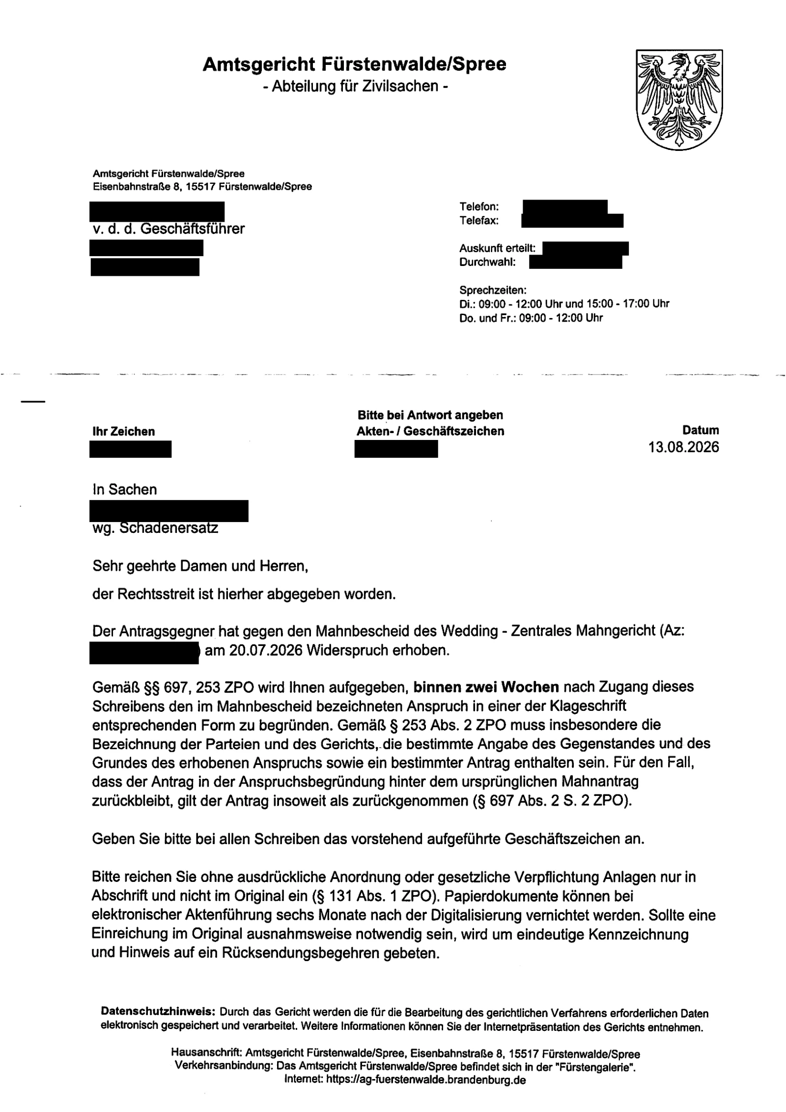 Aufforderung des Amtsgerichts Fürstenwalde/Spree nach Widerspruch: Anspruch binnen zwei Wochen begründen.