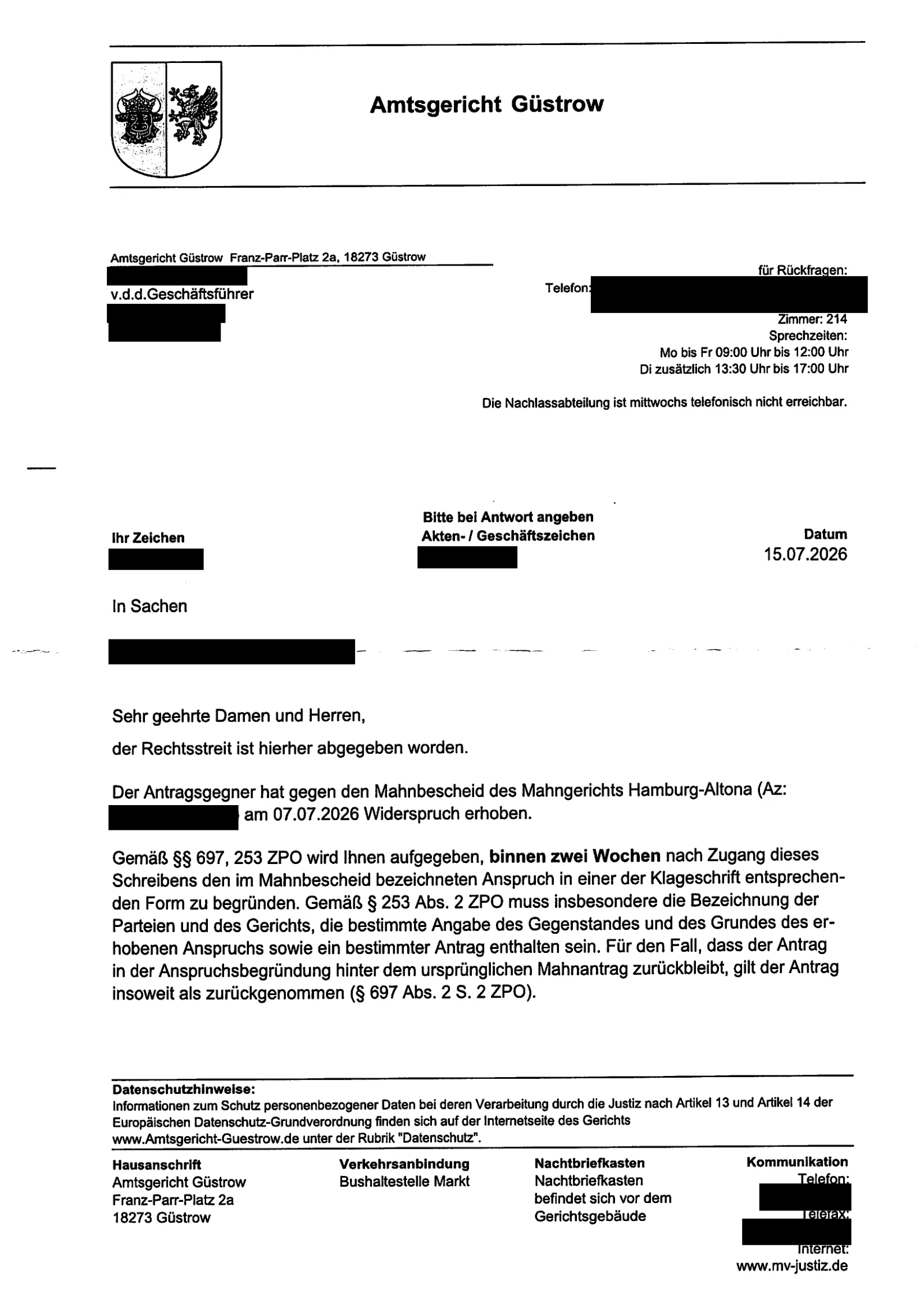 Aufforderung des Amtsgerichts Güstrow nach Widerspruch beim Mahngericht Hamburg-Altona: Anspruch in zwei Wochen begründen.