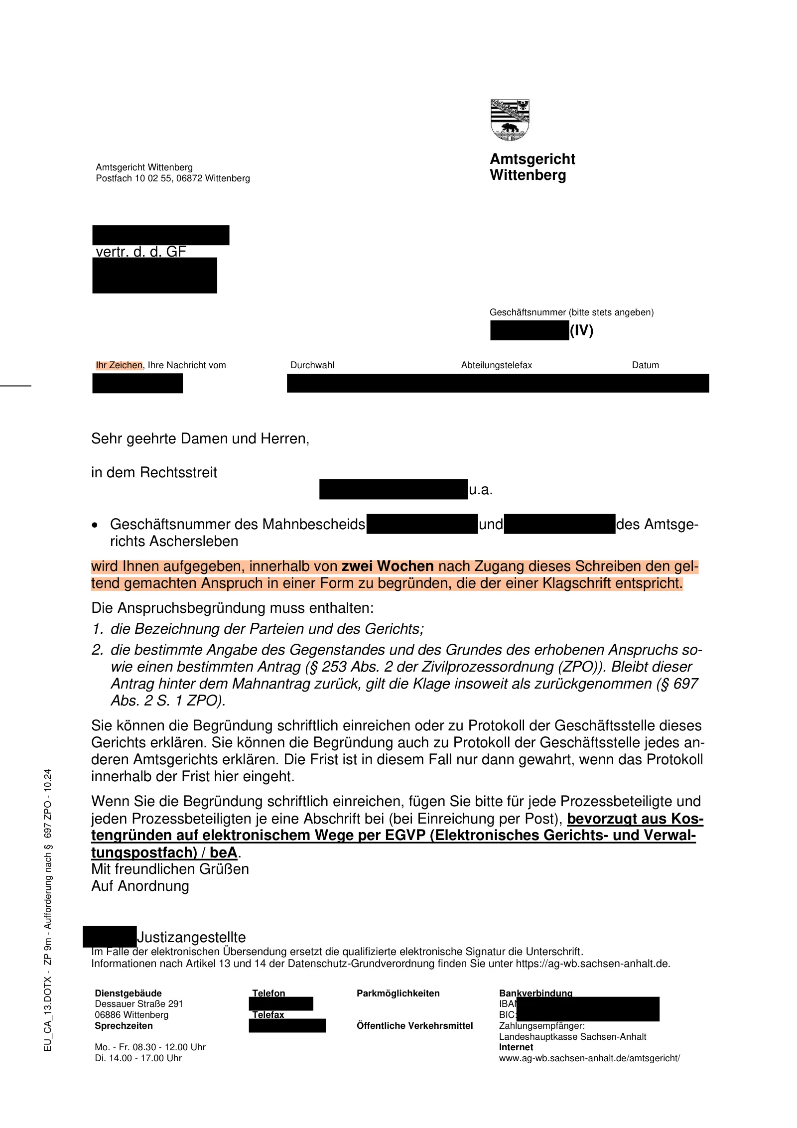 Aufforderung des Amtsgerichts Wittenberg zu zwei Mahnbescheiden aus Aschersleben: Anspruch binnen zwei Wochen begründen.
