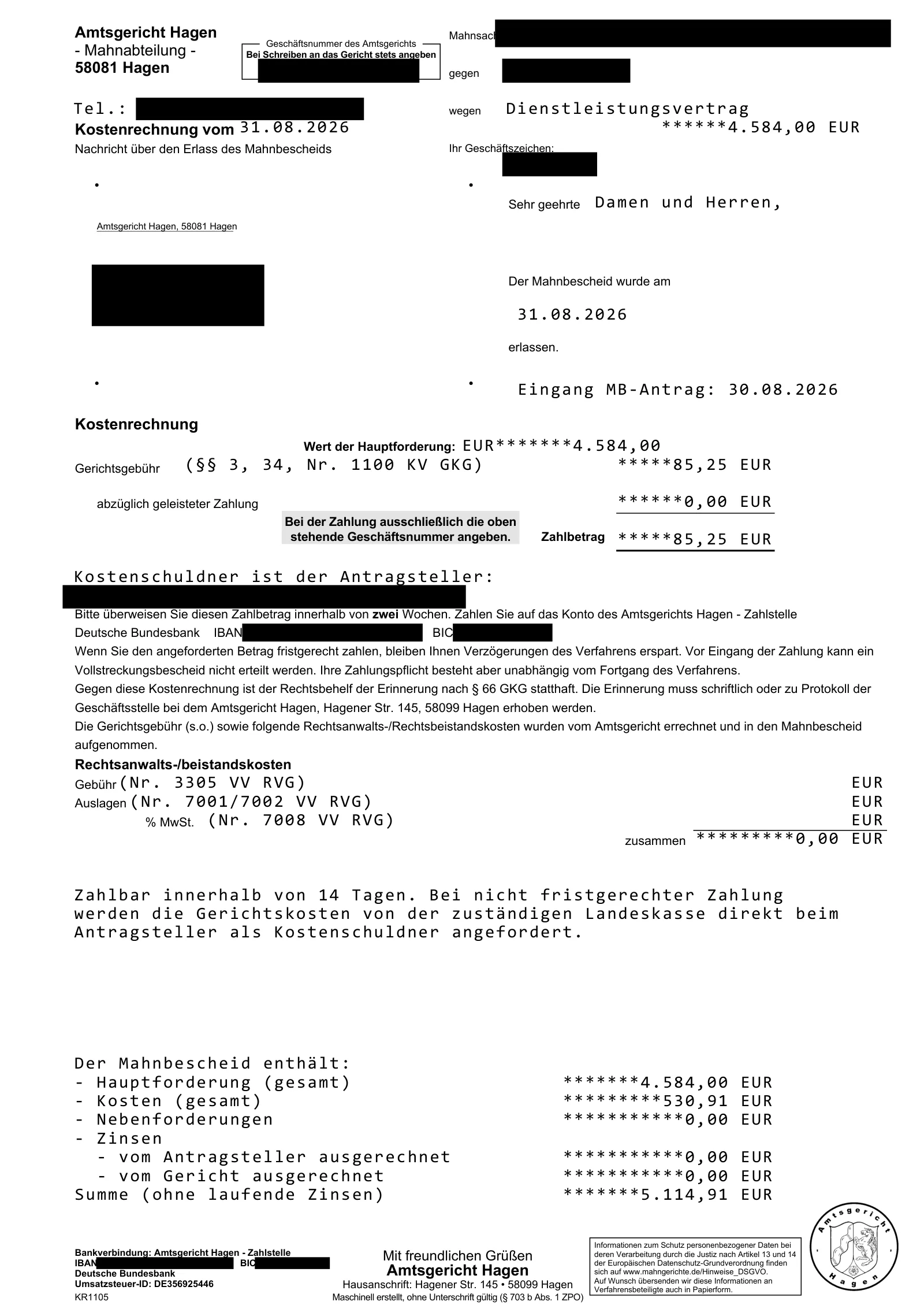 Kostenrechnung des Amtsgerichts Hagen: 85,25 € Gerichtsgebühr bei einer Hauptforderung von 4.584,00 €.