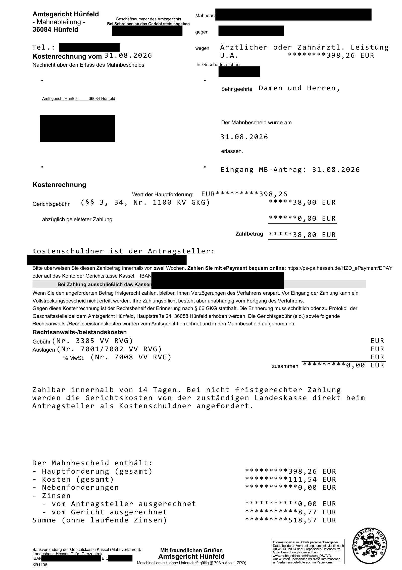 Kostenrechnung des Amtsgerichts Hünfeld: 38,00 € Gerichtsgebühr bei einer Hauptforderung von 398,26 € aus ärztlicher Leistung.