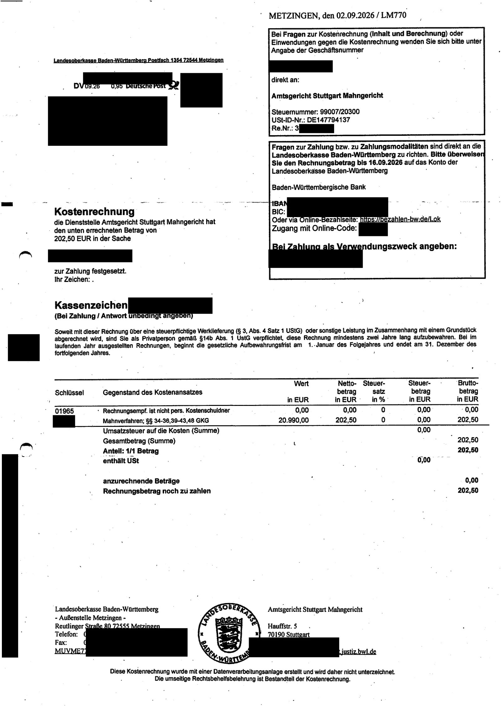 Kostenrechnung der Landesoberkasse Baden-Württemberg: 202,50 € Gerichtsgebühr bei einem Wert von 20.990,00 €.