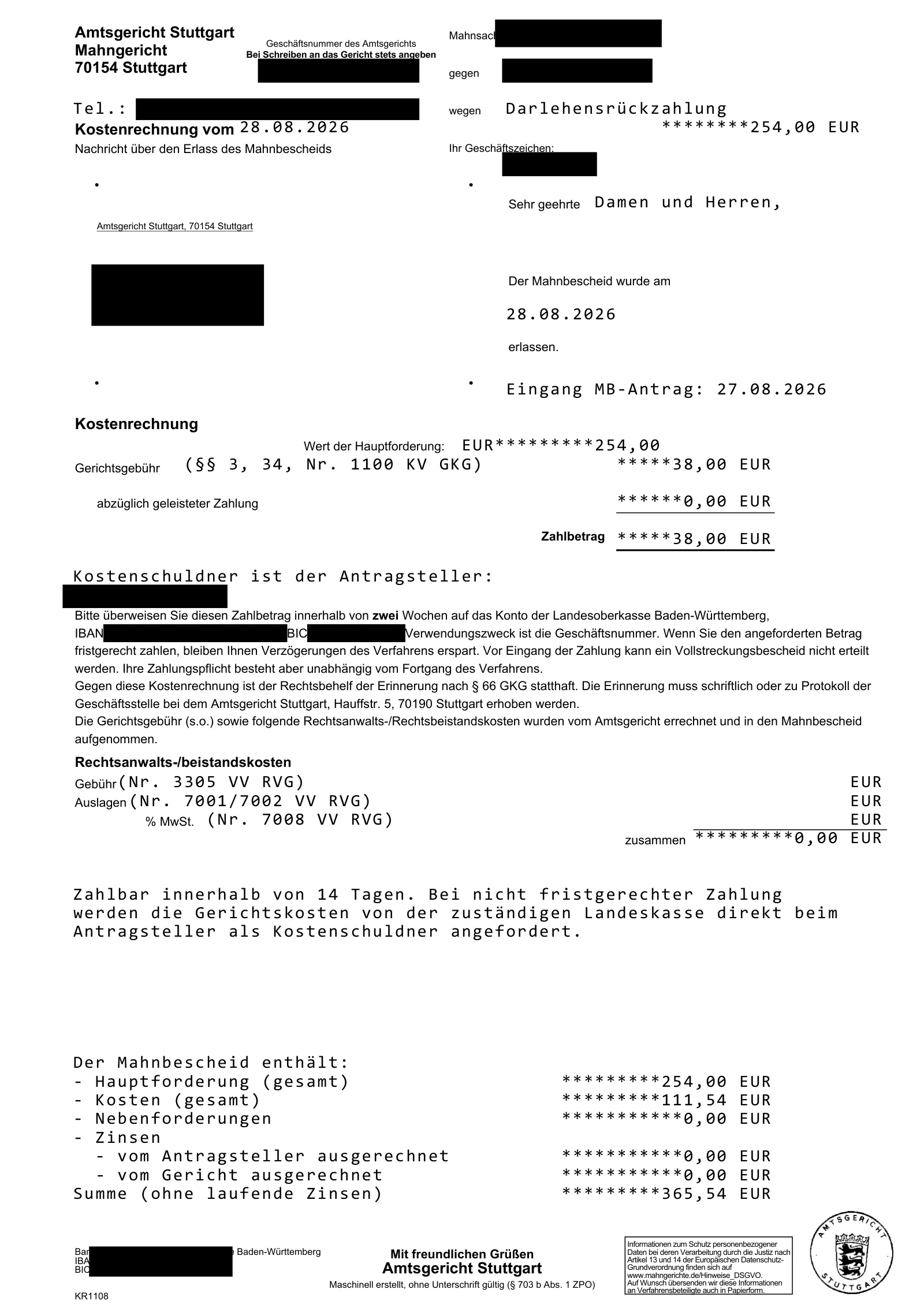 Kostenrechnung des Amtsgerichts Stuttgart: 38,00 € Gerichtsgebühr nach Nr. 1100 KV GKG bei einer Hauptforderung von 254,00 €.