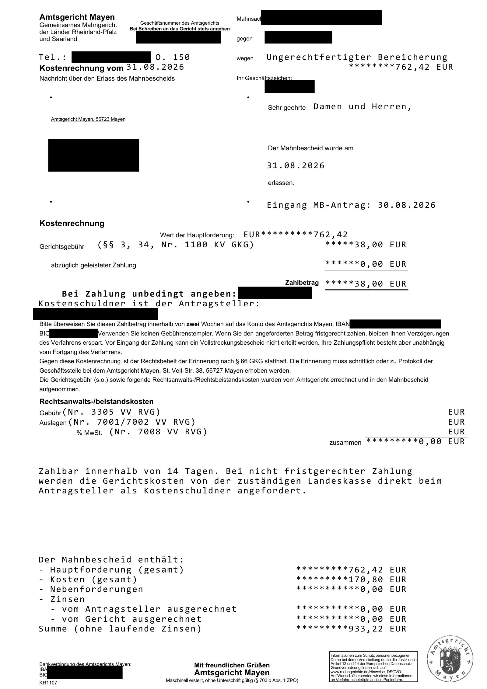 Kostenrechnung des Amtsgerichts Mayen: 38,00 € Gerichtsgebühr bei einer Hauptforderung von 762,42 €.