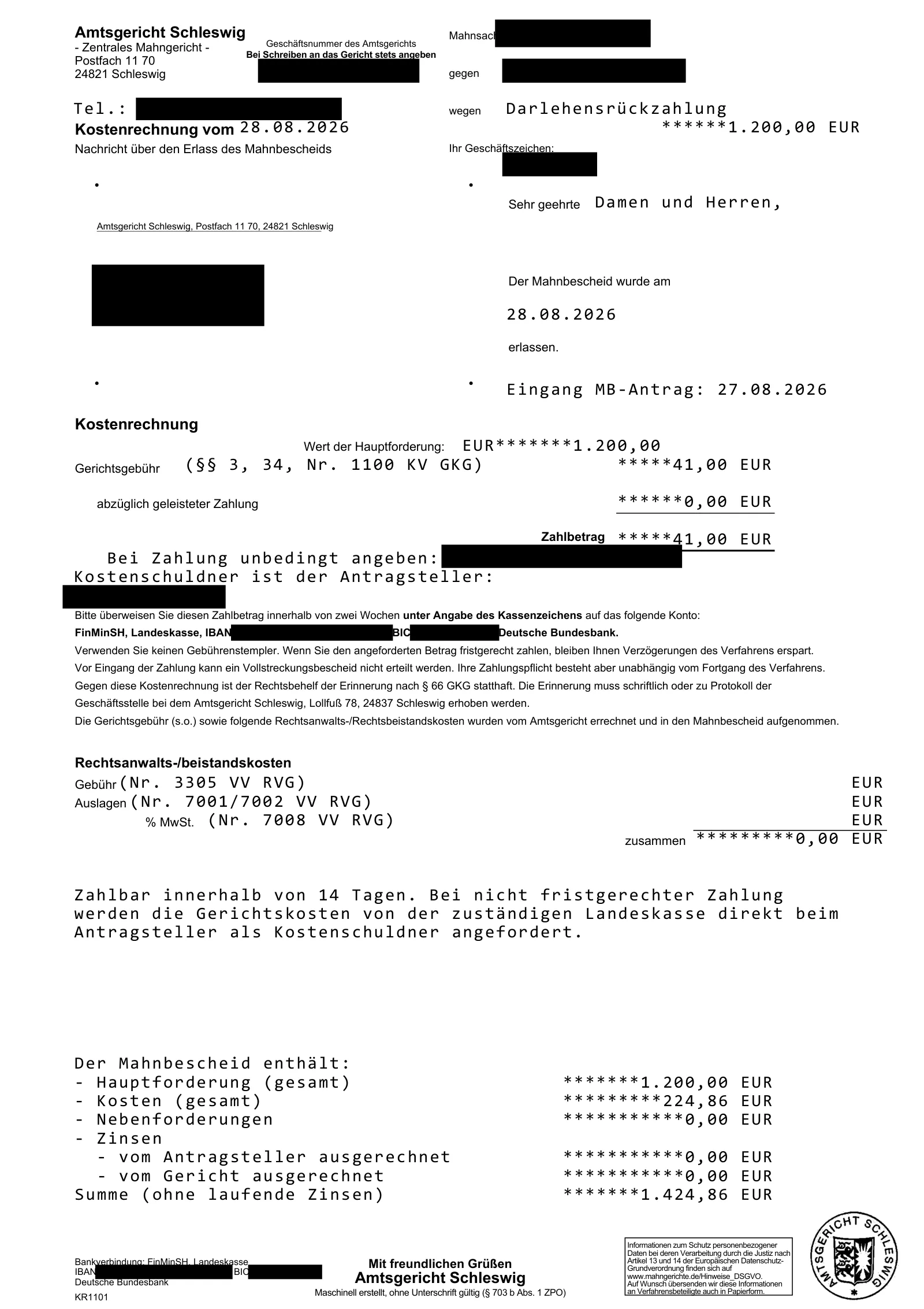 Kostenrechnung des Amtsgerichts Schleswig: 41,00 € Gerichtsgebühr bei einer Hauptforderung von 1.200,00 €.