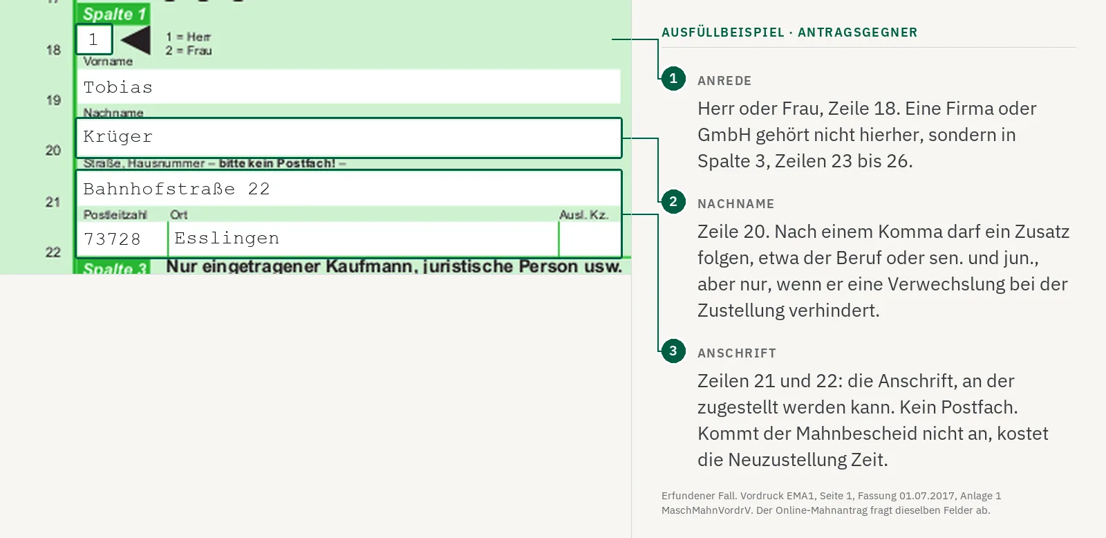 Ausfüllbeispiel, Zeilen 18 bis 22 des Mahnantrags: Name und Anschrift des Antragsgegners, eines Kunden in Esslingen.