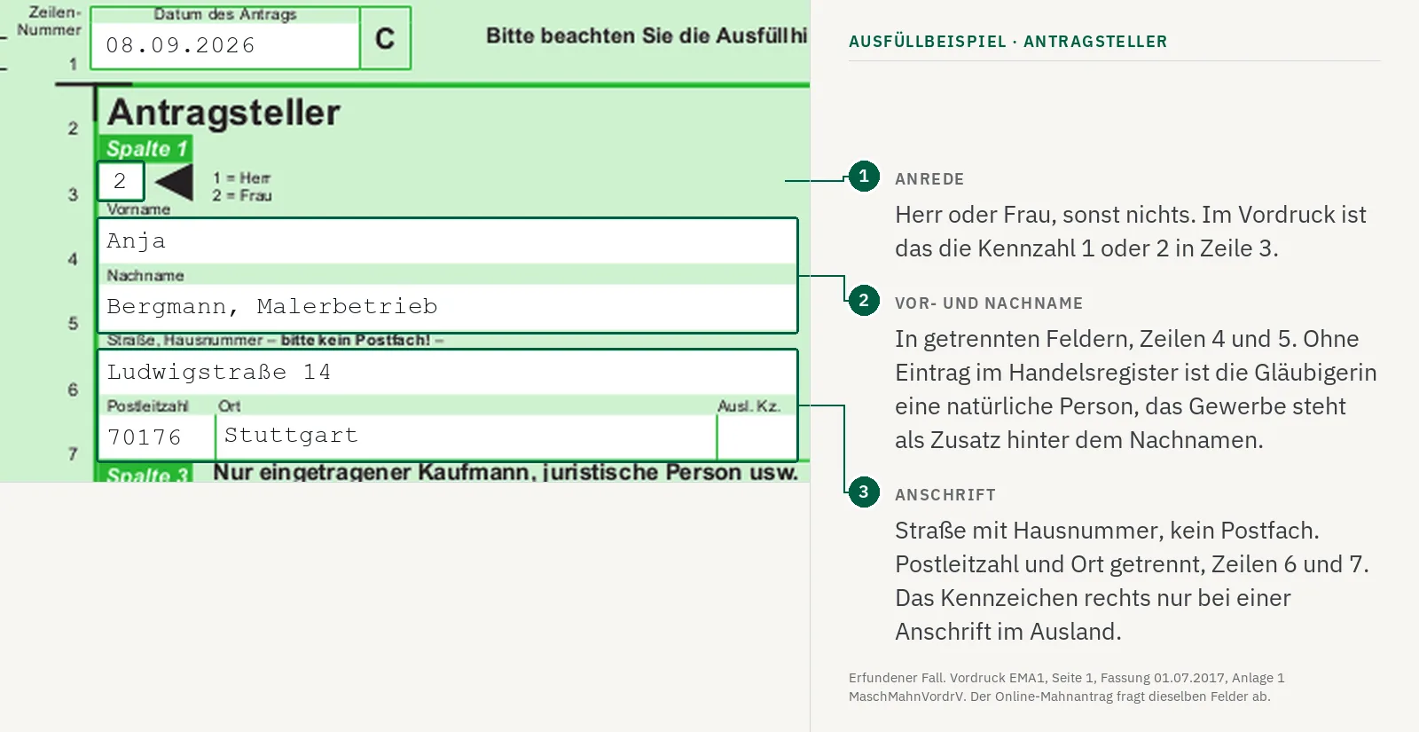 Ausfüllbeispiel, Zeilen 3 bis 7 des Mahnantrags: Name und Anschrift der Antragstellerin, einer Malerin aus Stuttgart.