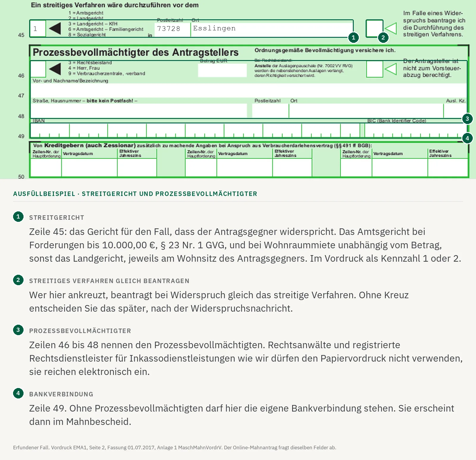Ausfüllbeispiel, Zeile 45 des Mahnantrags: das Amtsgericht Esslingen als Gericht für ein streitiges Verfahren.