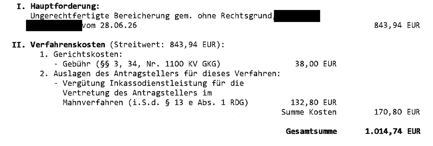 Ausschnitt aus einem Mahnbescheid des Amtsgerichts Mayen: Gerichtsgebühr 38,00 €, Inkassovergütung 132,80 €.