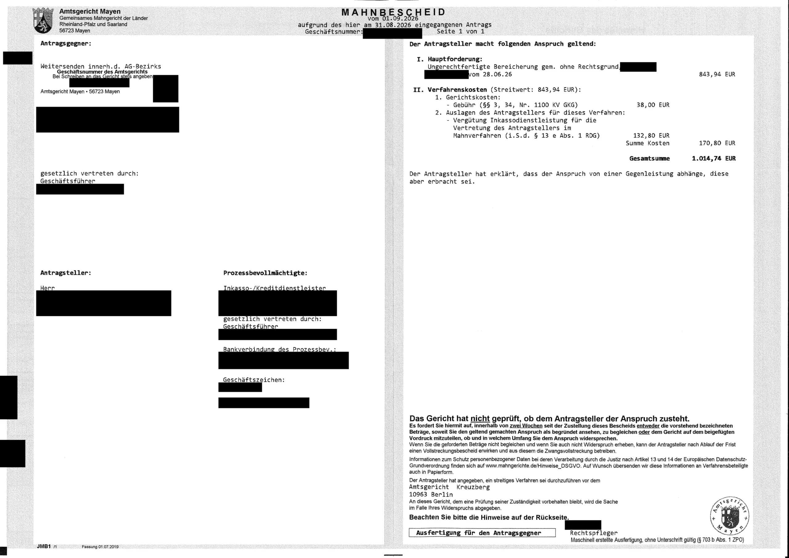 Mahnbescheid des Amtsgerichts Mayen über 843,94 € mit Gerichtsgebühr, Inkassovergütung und Streitgericht.