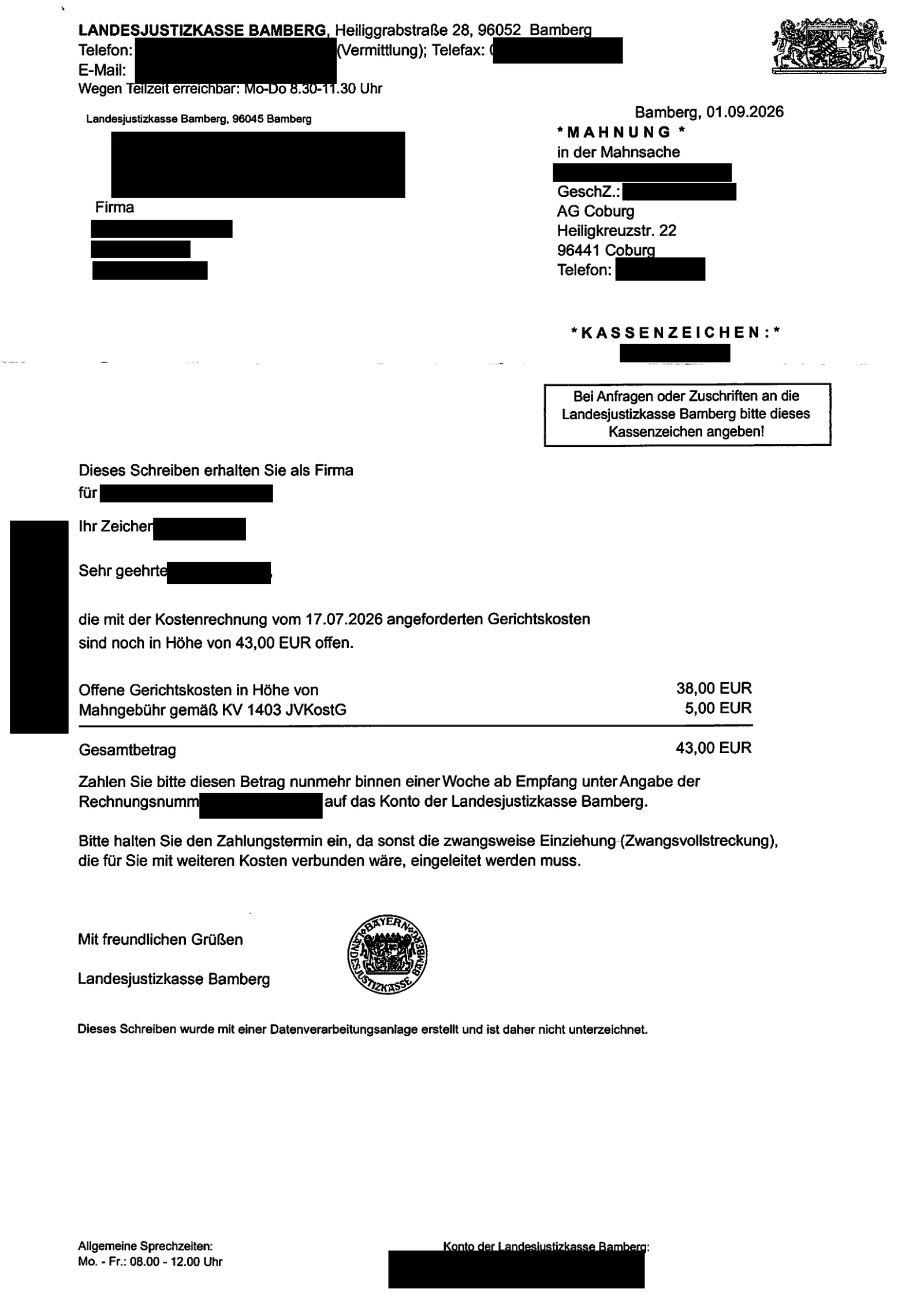 Mahnung der Landesjustizkasse Bamberg: 38,00 € Gerichtskosten und 5,00 € Mahngebühr, zahlbar binnen einer Woche.