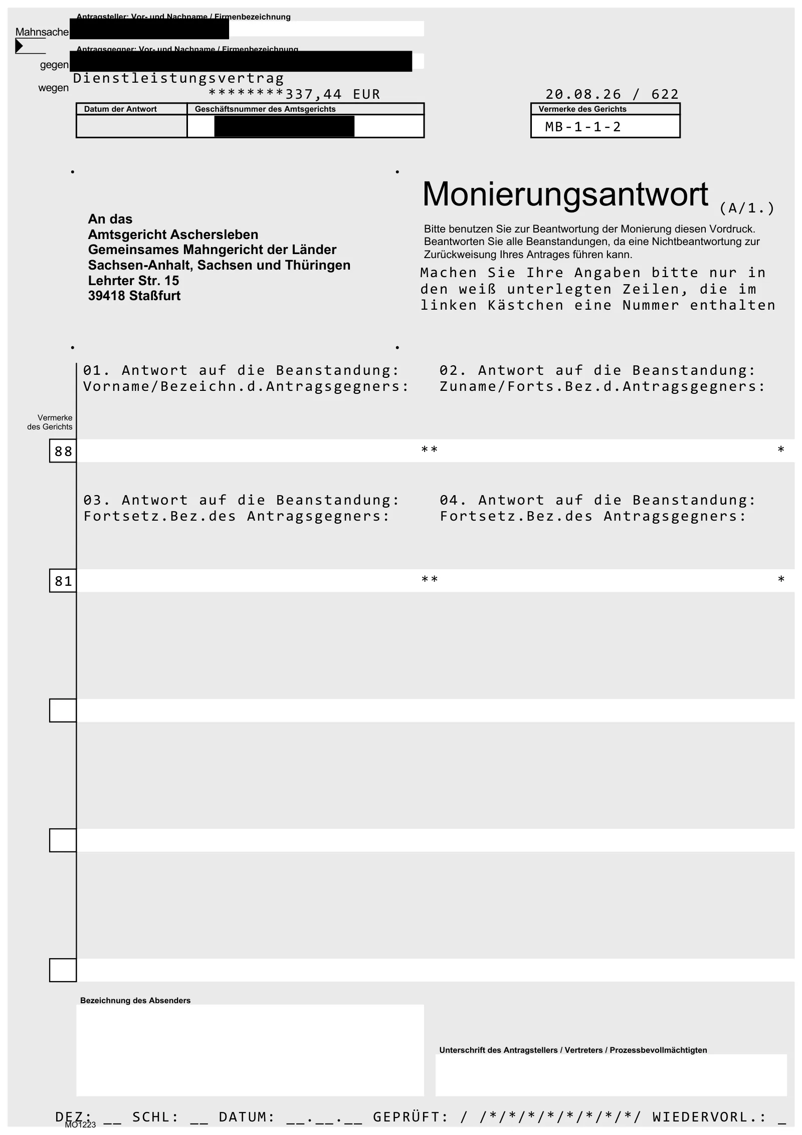 Leerer Vordruck „Monierungsantwort