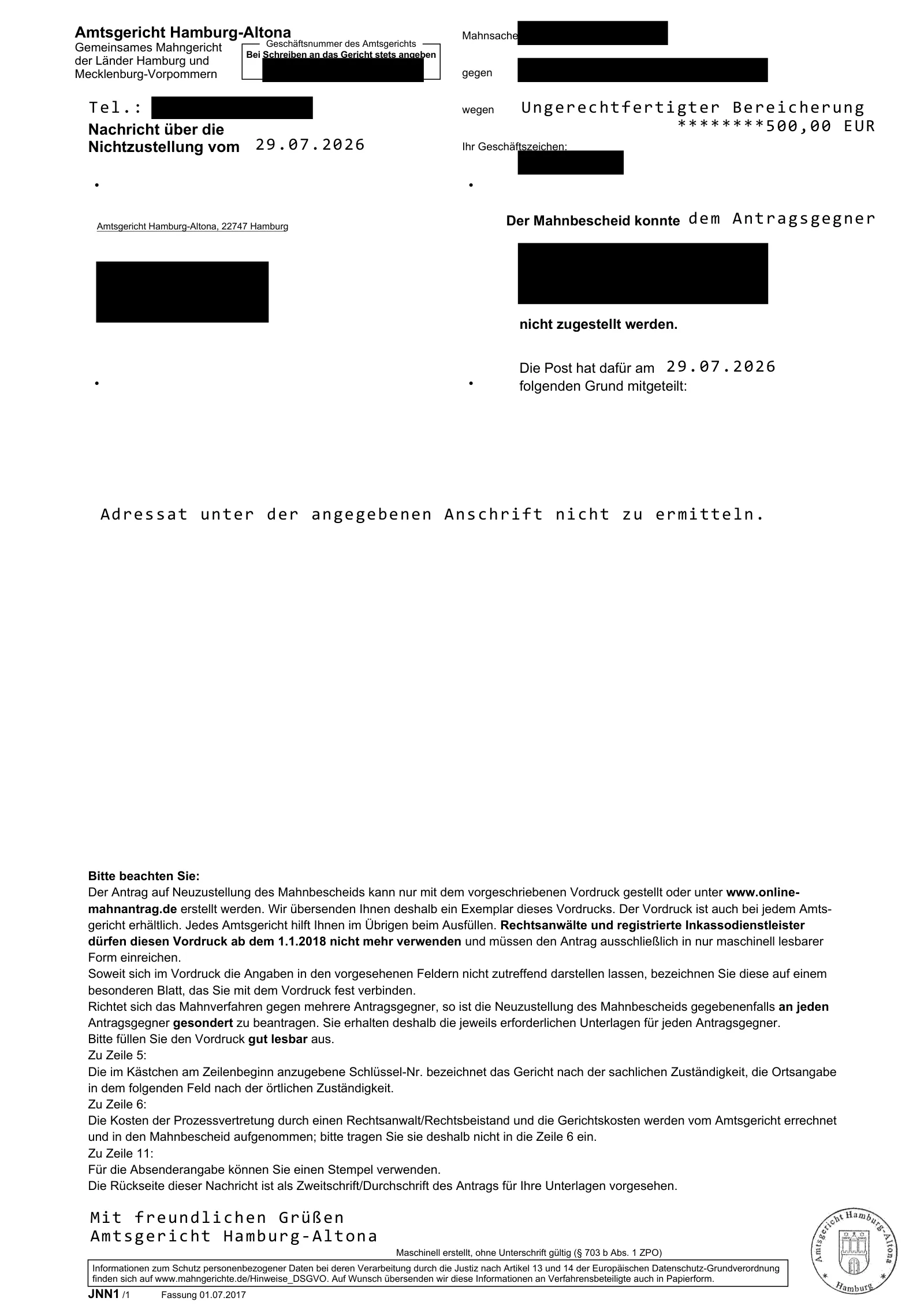 Nachricht des Amtsgerichts Hamburg-Altona vom 29.07.2026: Der Mahnbescheid konnte nicht zugestellt werden, Adressat unter der angegebenen Anschrift nicht zu ermitteln.