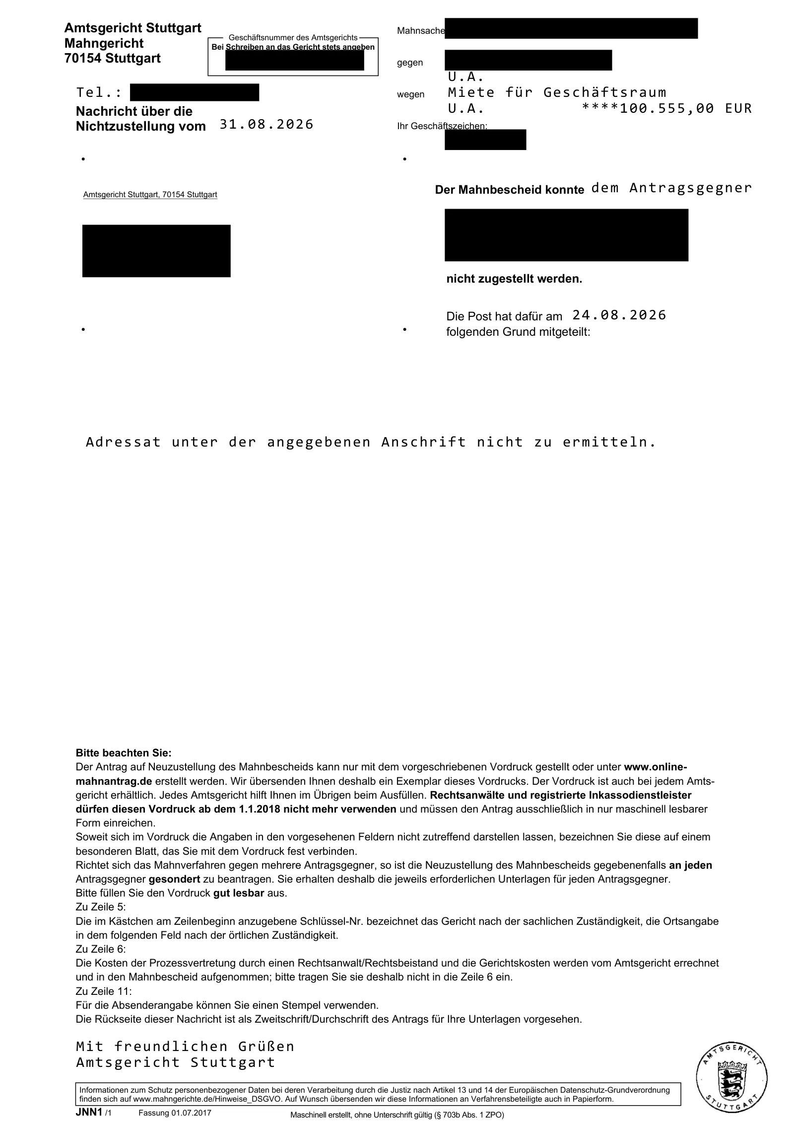 Nachricht des Amtsgerichts Stuttgart vom 31.08.2026 über die Nichtzustellung eines Mahnbescheids über 100.555,00 € Geschäftsraummiete.