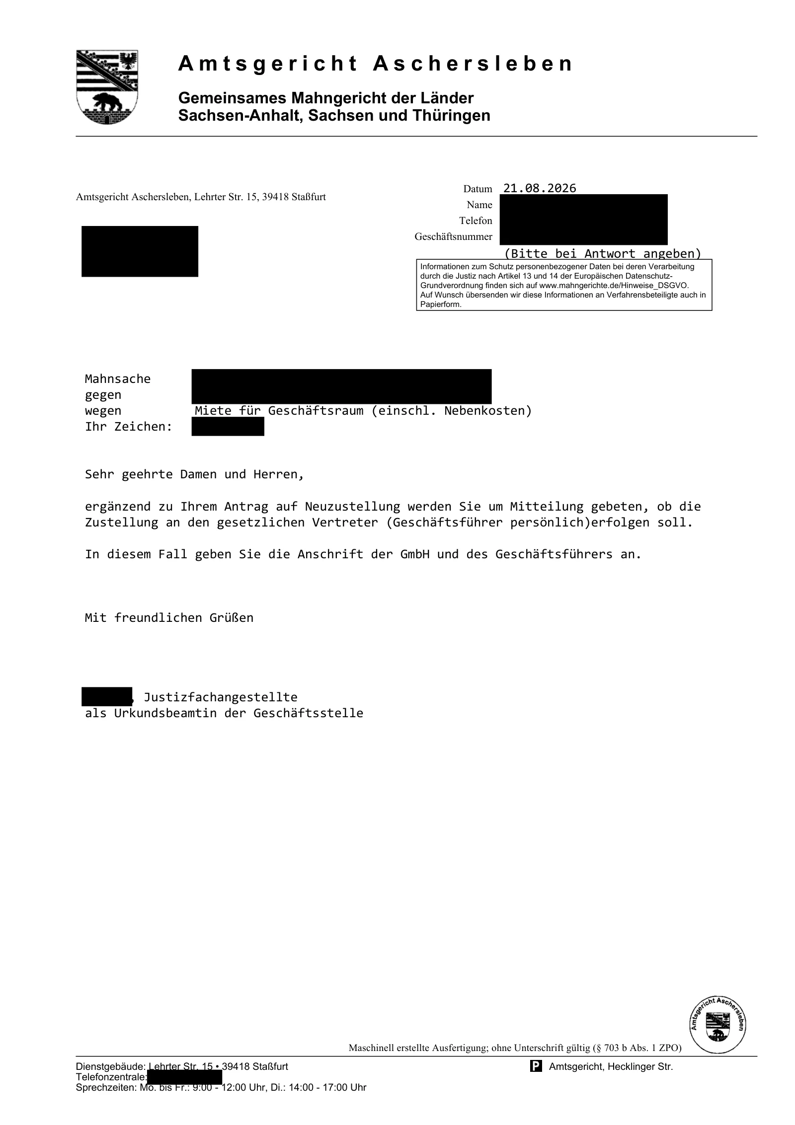 Rückfrage des Amtsgerichts Aschersleben zur Neuzustellung: an den gesetzlichen Vertreter persönlich zustellen?