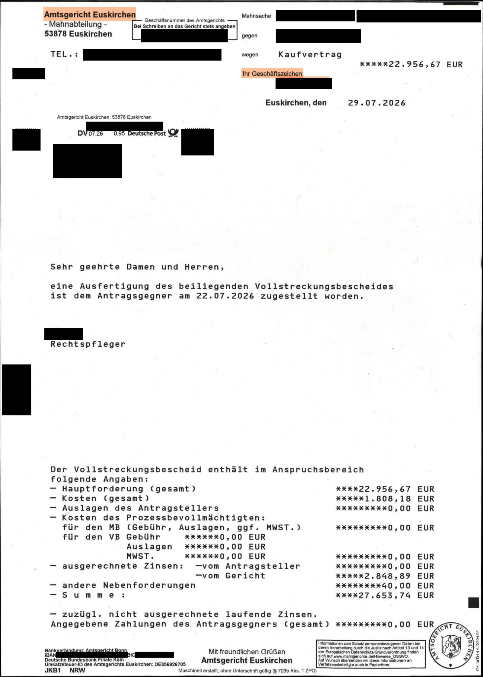 Nachricht des Amtsgerichts Euskirchen vom 29.07.2026: Vollstreckungsbescheid über 22.956,67 € am 22.07.2026 zugestellt, Gesamtsumme 27.653,74 €.