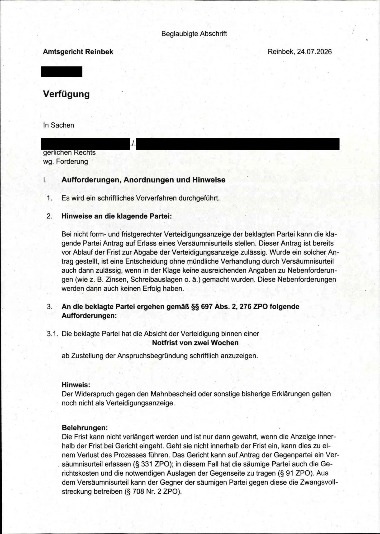 Verfügung des Amtsgerichts Reinbek: schriftliches Vorverfahren, zwei Wochen Notfrist für die Verteidigungsanzeige.