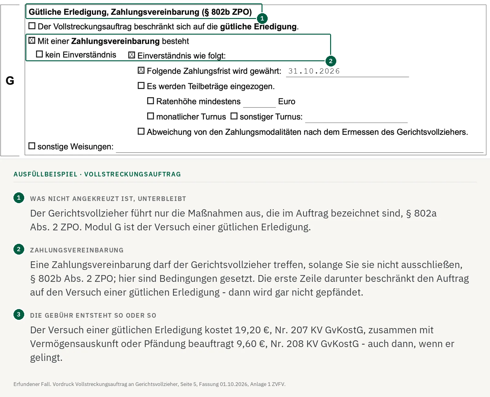 Ausfüllbeispiel, Modul G des Vollstreckungsauftrags: Zahlungsvereinbarung mit Zahlungsfrist bis zum 31.10.2026.