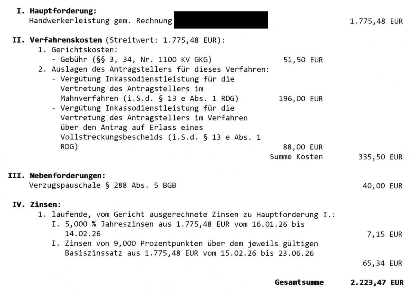 Ausschnitt aus einem Vollstreckungsbescheid des Amtsgerichts Coburg: Kosten und Zinsen, Gesamtsumme 2.223,47 €.