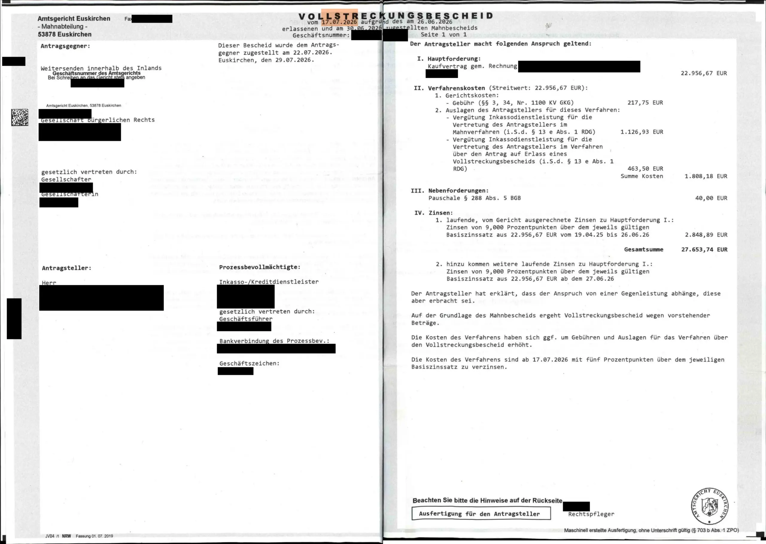 Vollstreckungsbescheid des Amtsgerichts Euskirchen über 22.956,67 € aus Kaufvertrag, Gesamtsumme 27.653,74 €.