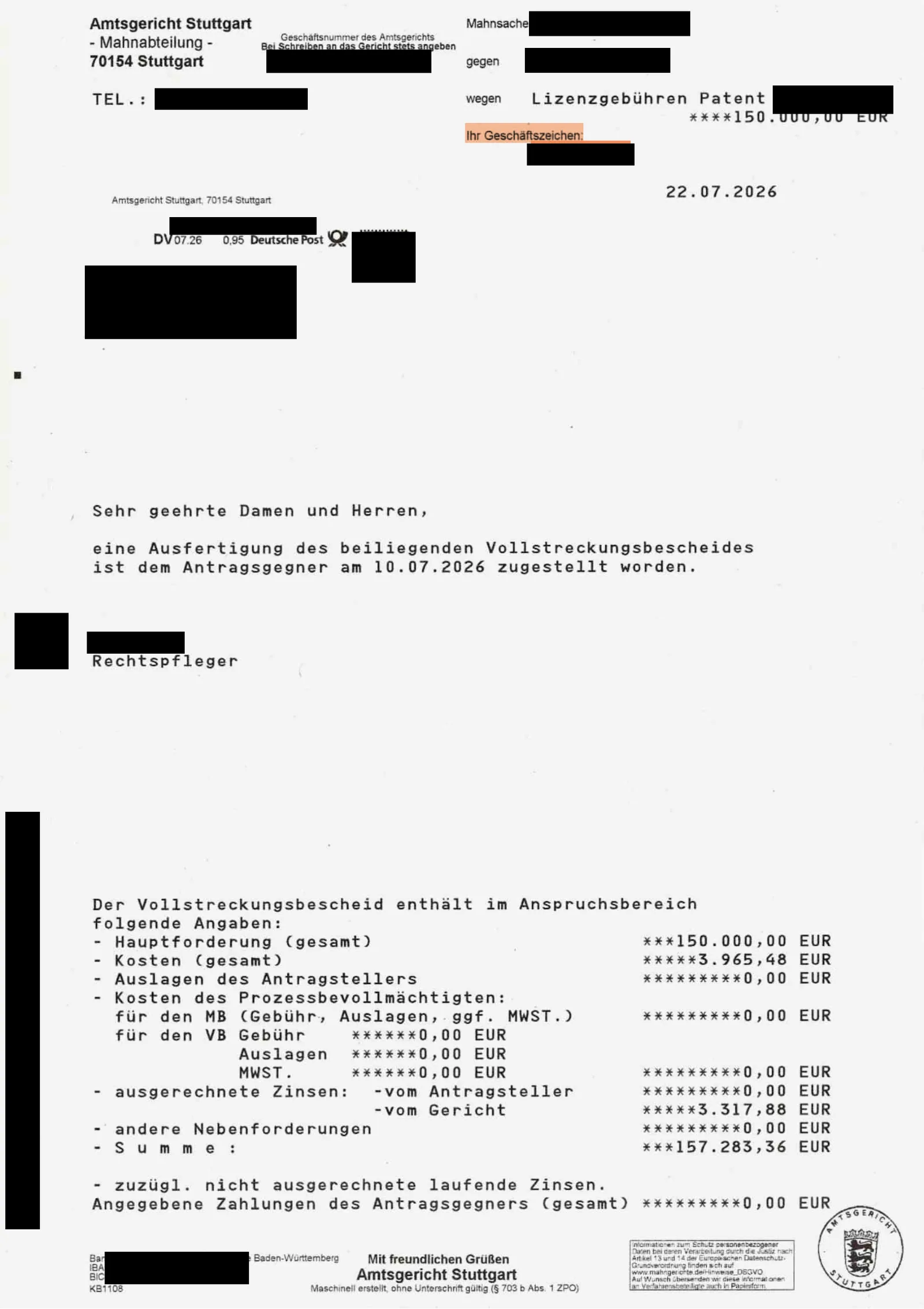 Nachricht des Amtsgerichts Stuttgart: Der Vollstreckungsbescheid ist am 10.07.2026 zugestellt worden.