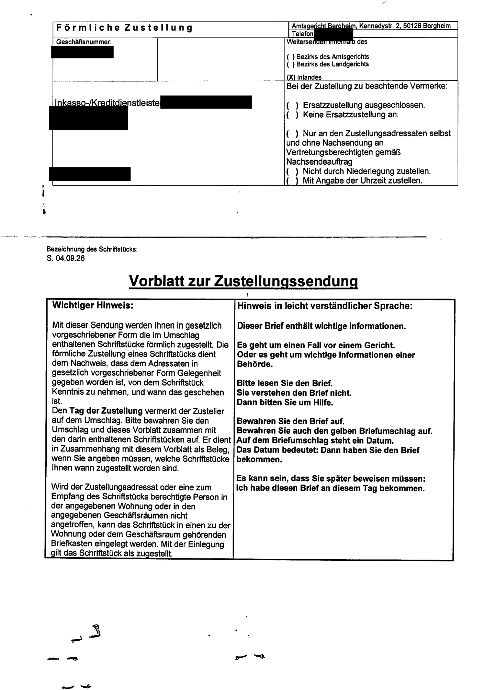 Vorblatt zur Zustellung: Bewahren Sie den gelben Briefumschlag auf, auf ihm steht das Datum der Zustellung.