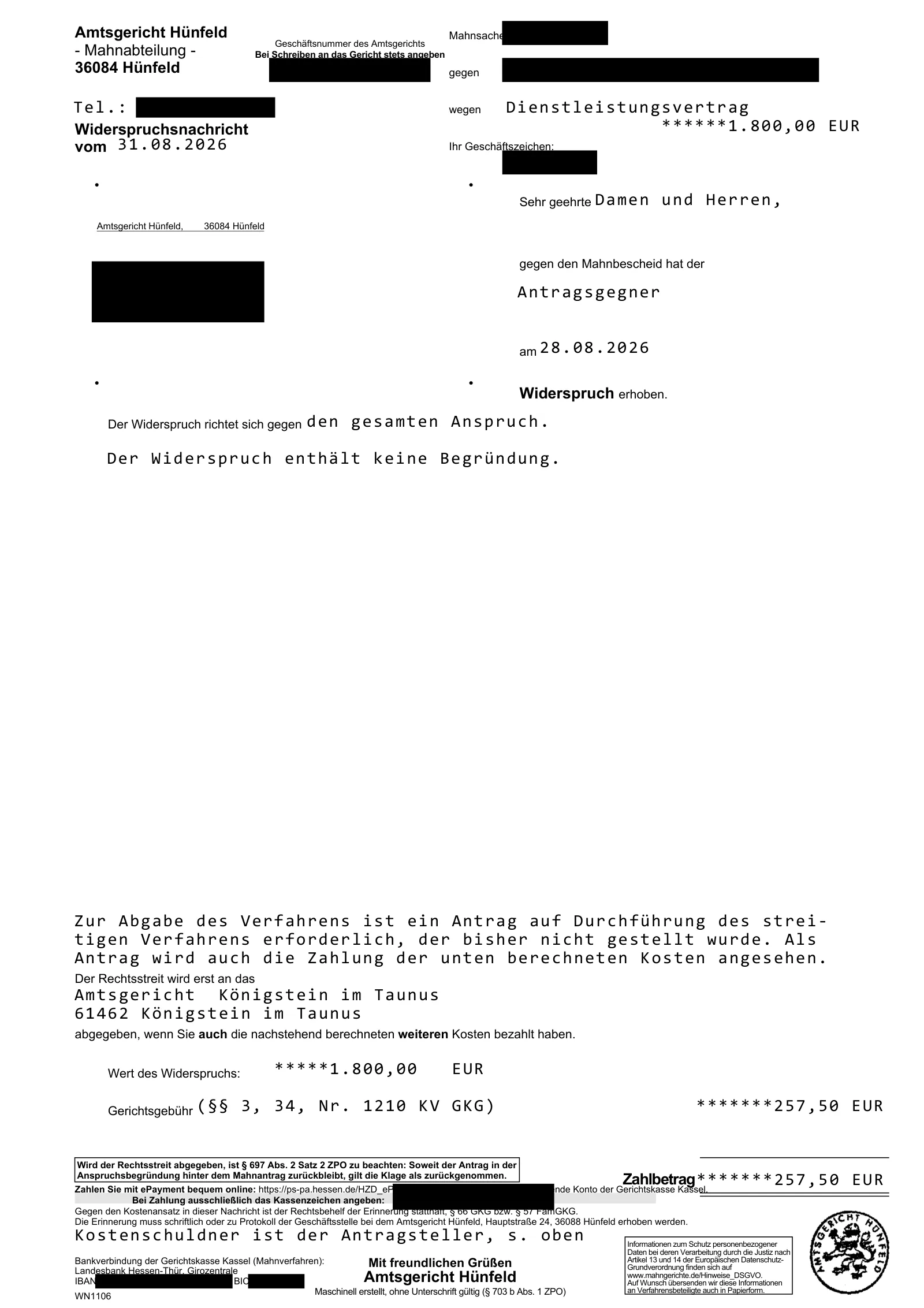 Widerspruchsnachricht des Amtsgerichts Hünfeld vom 31.08.2026: Widerspruch ohne Begründung gegen 1.800,00 €, für die Abgabe an das Amtsgericht Königstein fallen 257,50 € an.