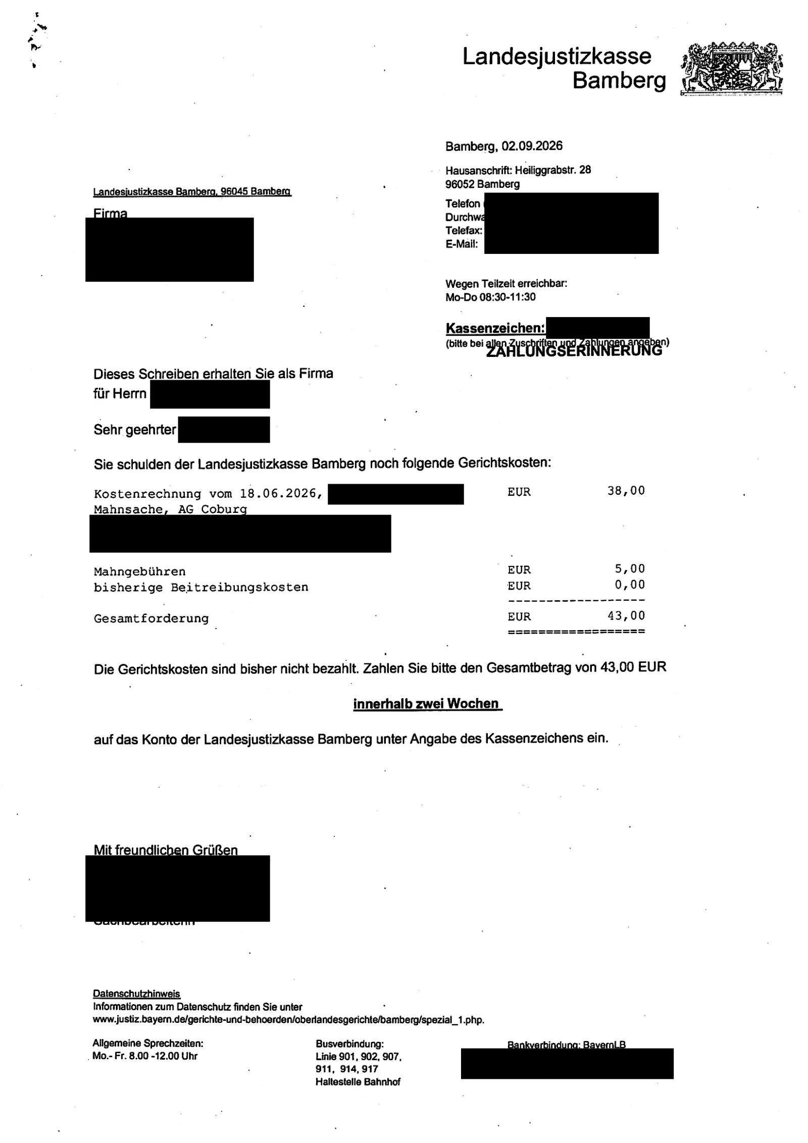 Zahlungserinnerung der Landesjustizkasse Bamberg: 38,00 € Gerichtskosten und 5,00 € Mahngebühr, zusammen 43,00 €.