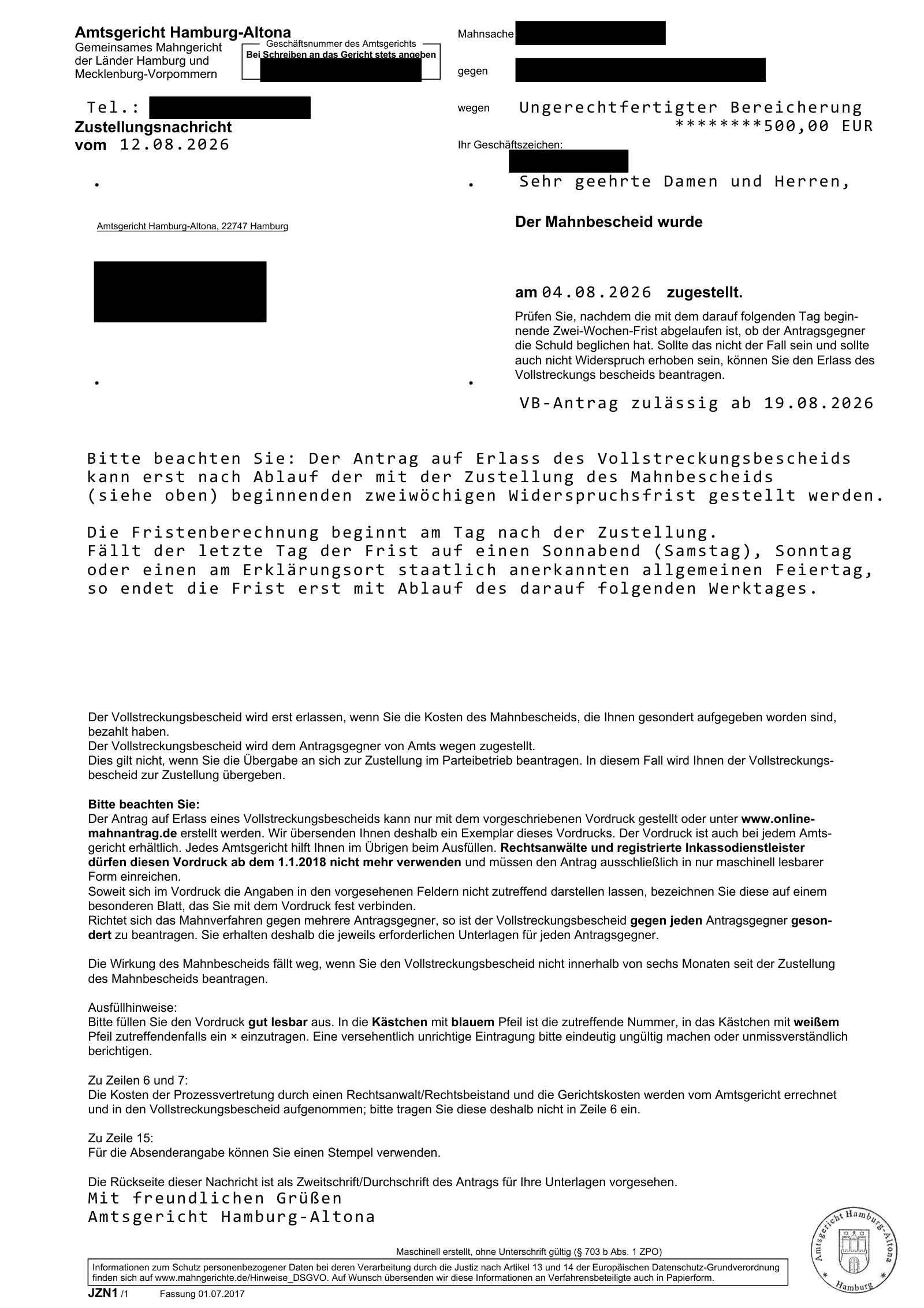 Zustellungsnachricht des Amtsgerichts Hamburg-Altona: Der Mahnbescheid wurde am 04.08.2026 zugestellt, der Antrag auf Vollstreckungsbescheid ist ab dem 19.08.2026 zulässig.