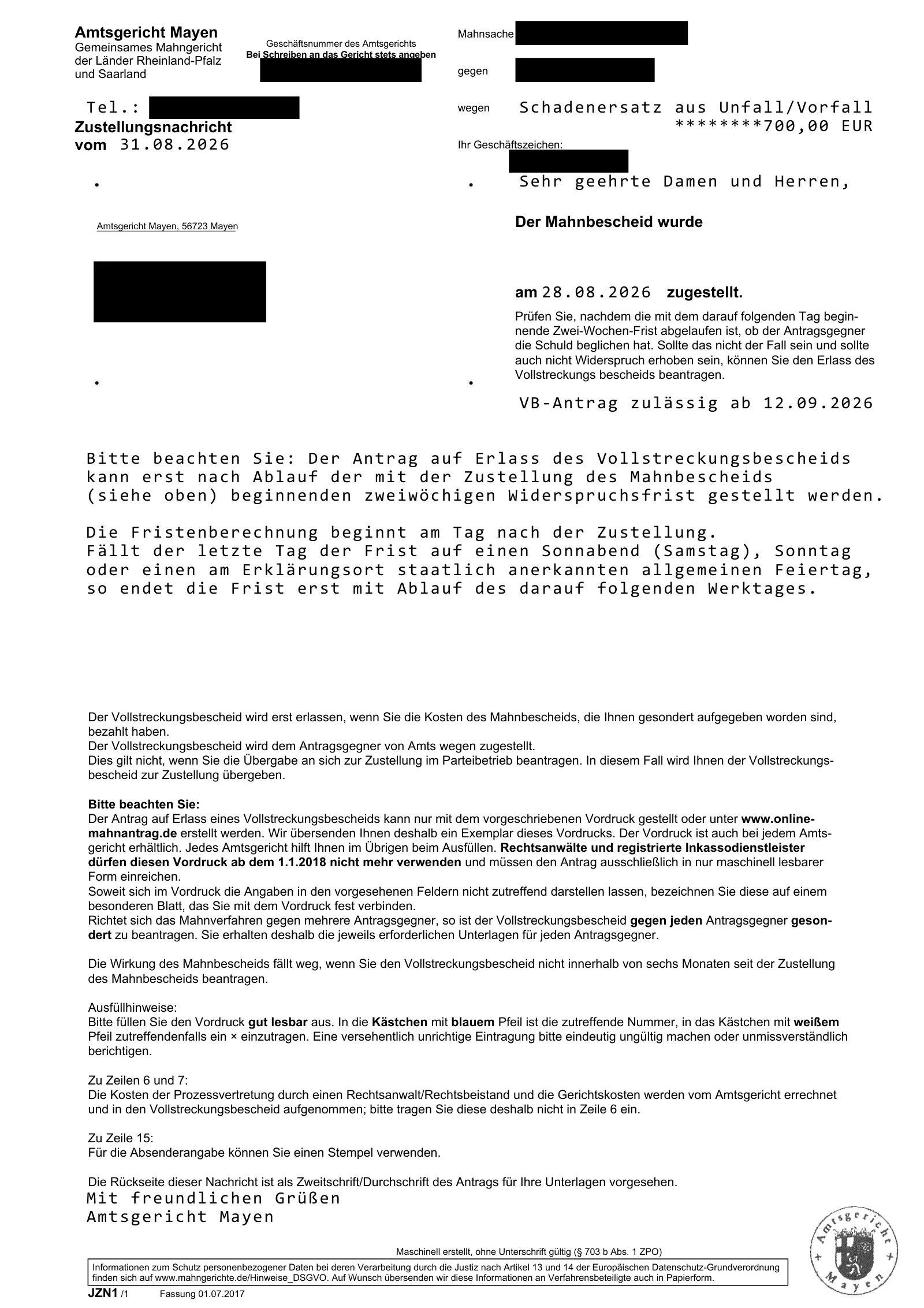 Zustellungsnachricht des Amtsgerichts Mayen: Mahnbescheid über 700,00 € Schadenersatz am 28.08.2026 zugestellt, Vollstreckungsbescheid ab dem 12.09.2026 beantragbar.
