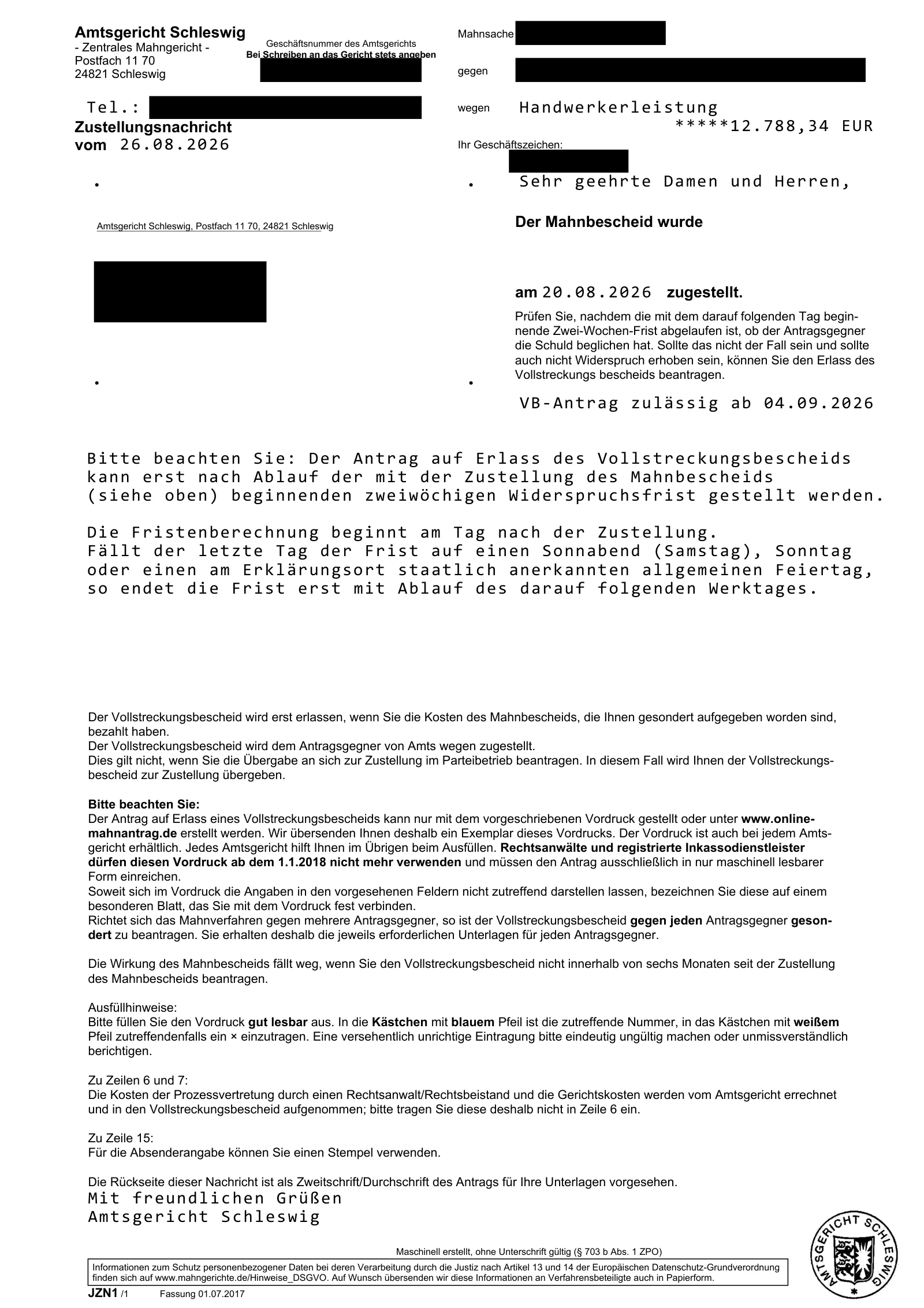 Zustellungsnachricht des Amtsgerichts Schleswig: Mahnbescheid über 12.788,34 € aus Handwerkerleistung am 20.08.2026 zugestellt, Antrag auf Vollstreckungsbescheid ab dem 04.09.2026 zulässig.